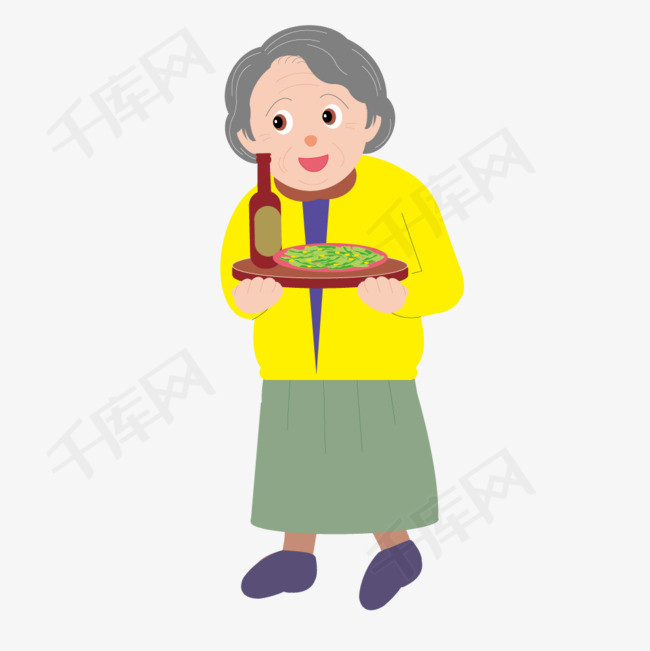 黄衣服奶奶端菜卡通