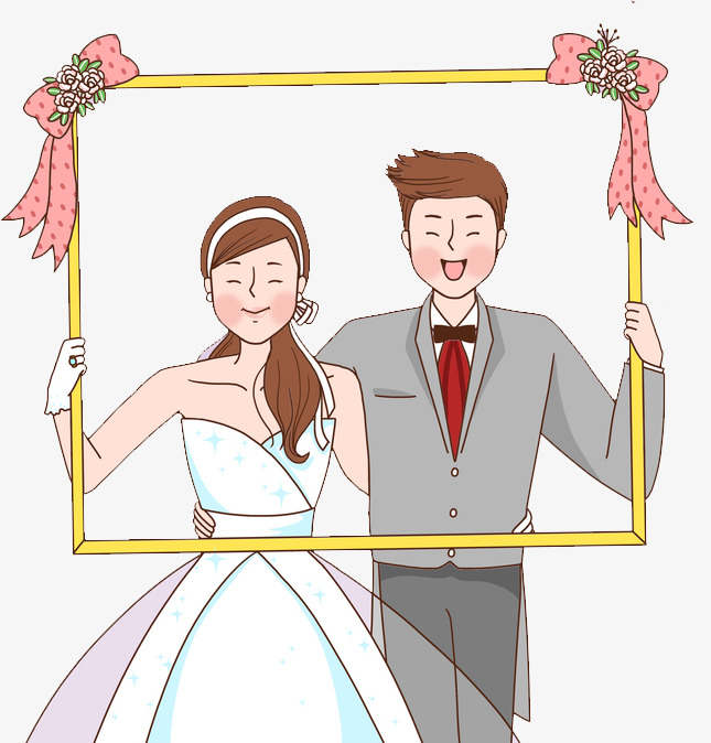 手绘漫画插画婚礼现场结婚的新人手拿相框
