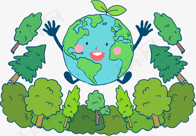 微笑卡通树木地球树木地球世界环境日环保自然生态爱护环境
