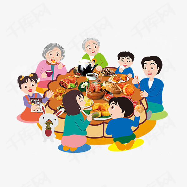 手绘卡通一家人团圆饭