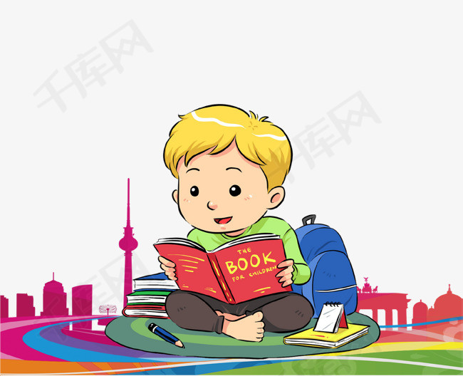 卡通手绘看书的男孩插画