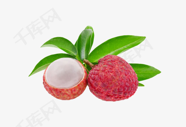 红色剥开带叶子的荔枝实物