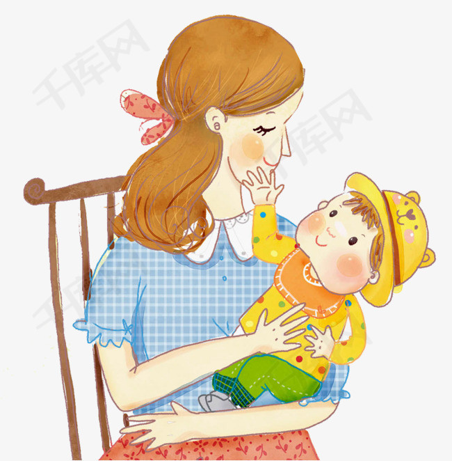 手绘卡通插图坐在椅子上的妈妈与小孩母亲节插画
