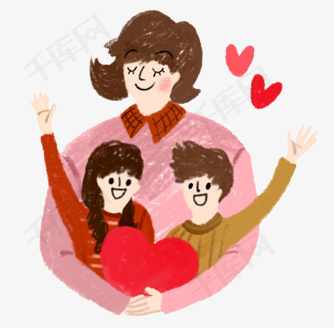 手绘母亲节装饰插图妈妈与两个孩子插画