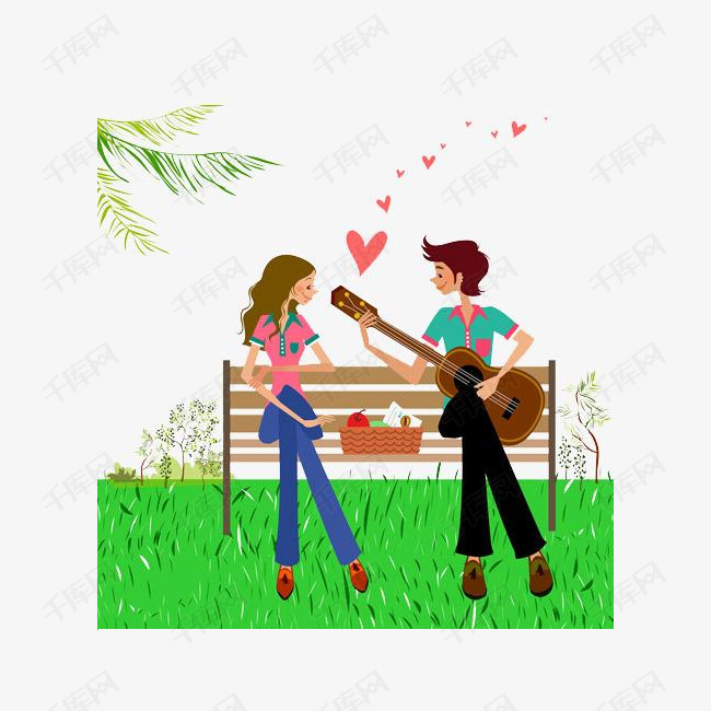 手绘男生给女生弹吉他素材图片免费下载_高清