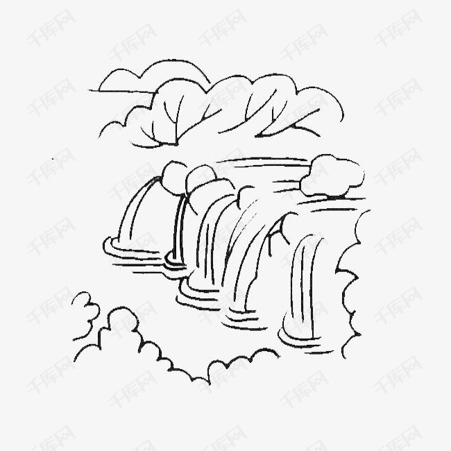 卡通瀑布的素材免抠简笔画儿童画瀑布树卡通瀑布