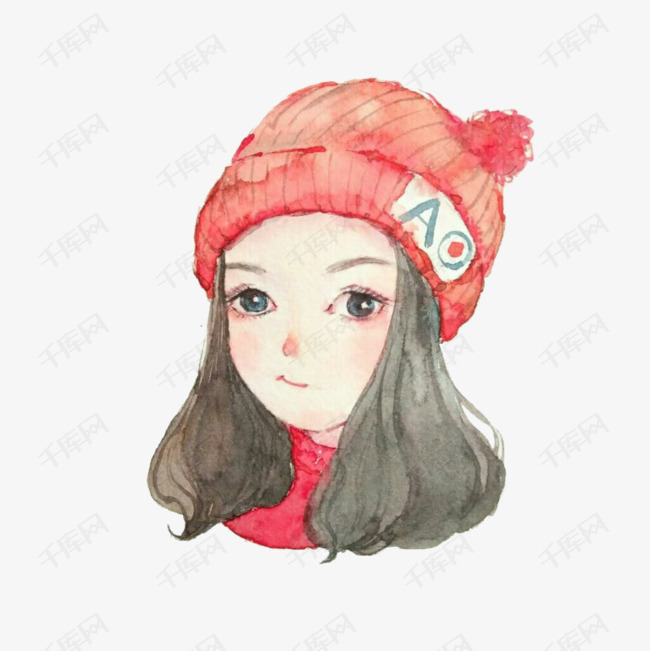 手绘戴红帽子的女孩头像