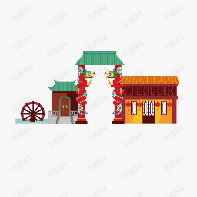 中式建筑的素材免抠建筑物房子卡通矢量图装饰png装饰