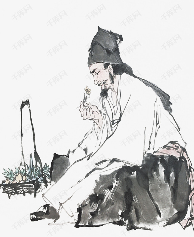 水墨采药人的素材免抠古代黑色素描手绘水墨采药人
