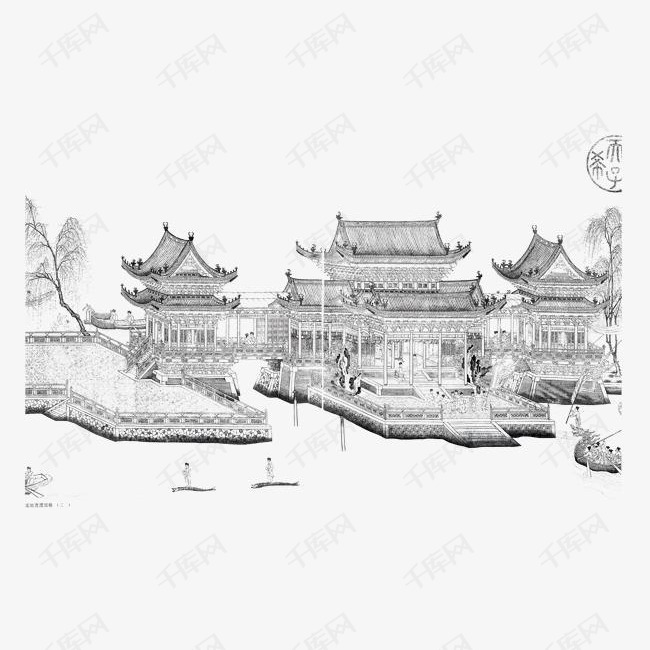 手绘古楼建筑的素材免抠水墨中国风水墨古楼房子建筑古楼