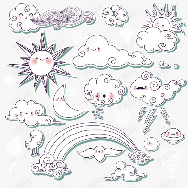 卡通手绘云朵太阳矢量图