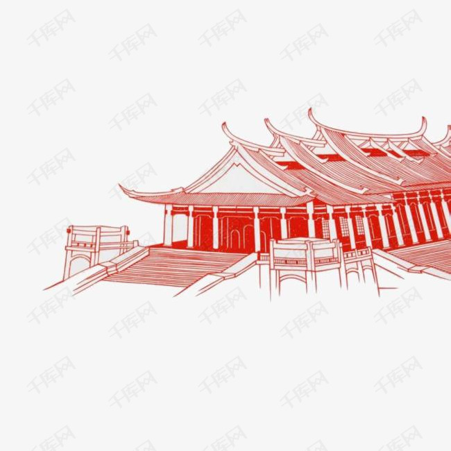 红色手绘闽南建筑