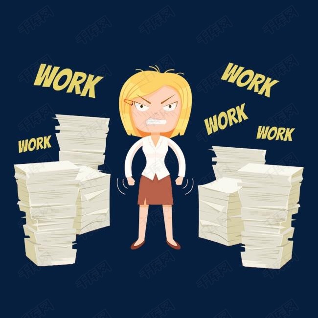 忙工作的女士的素材免抠商务卡通工作堆积如山纸张女士