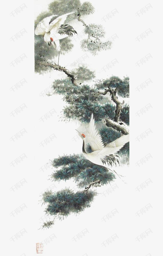 中国国画的素材免抠松树工笔画毛笔仙鹤飞翔