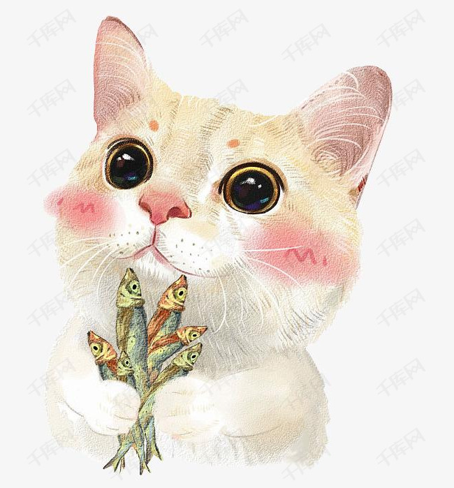 抱着鱼干的猫的素材免抠猫鱼干卡通png素材
