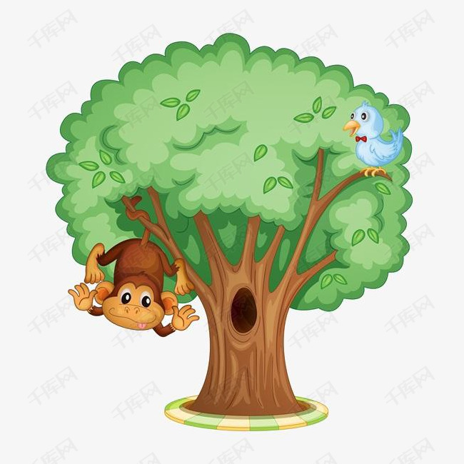 卡通树上的动物的素材免抠卡通树上的动物猴子鸟