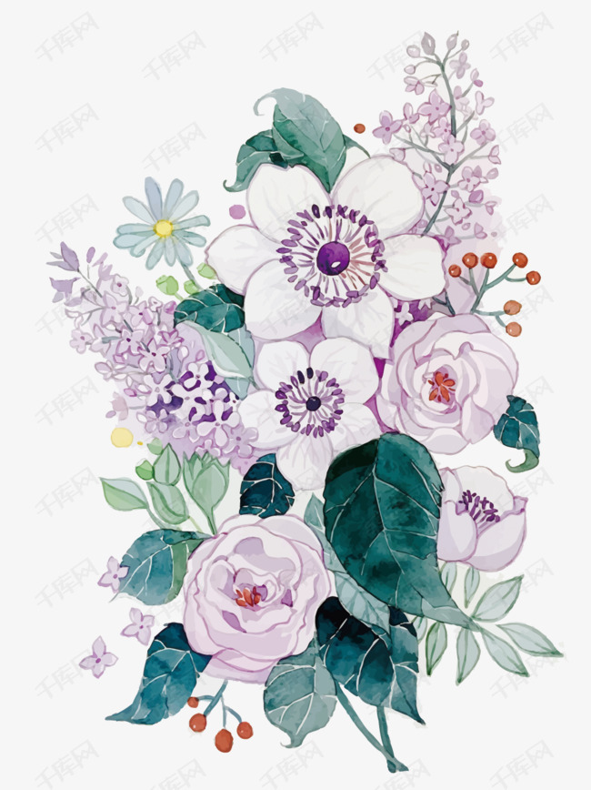 矢量水彩花的素材免抠水彩花朵花卉紫色手绘矢量花朵