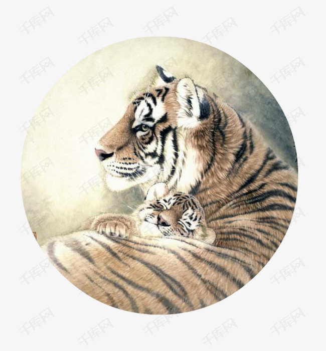 趴在大老虎背上的小老虎的素材免抠水墨画虎国画老虎水墨虎