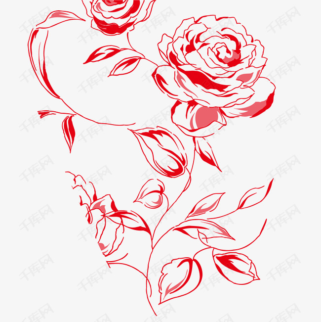 千库网提供手绘红色线条玫瑰花矢量