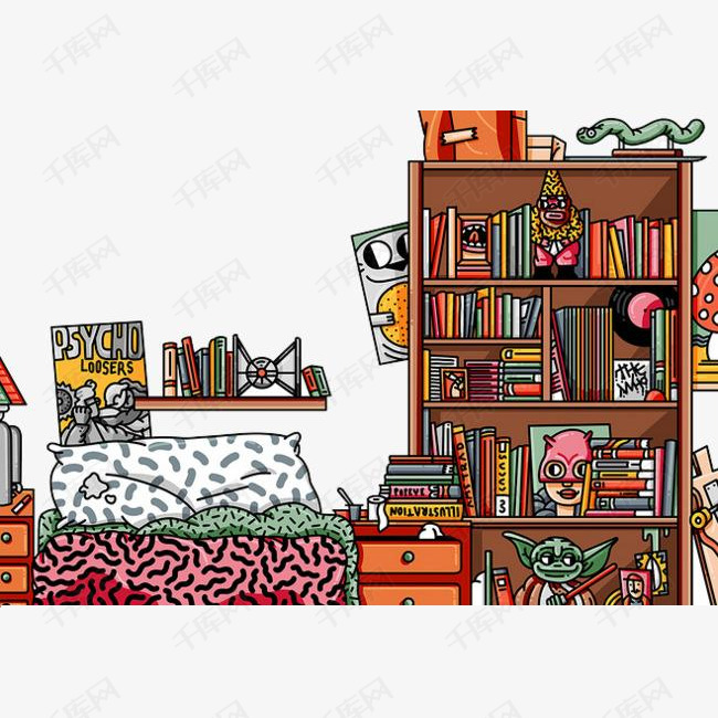 书房插画的素材免抠创意书房插画卡通