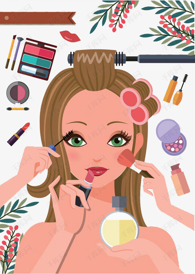 女孩化妆的素材免抠女孩化妆化妆品卡通