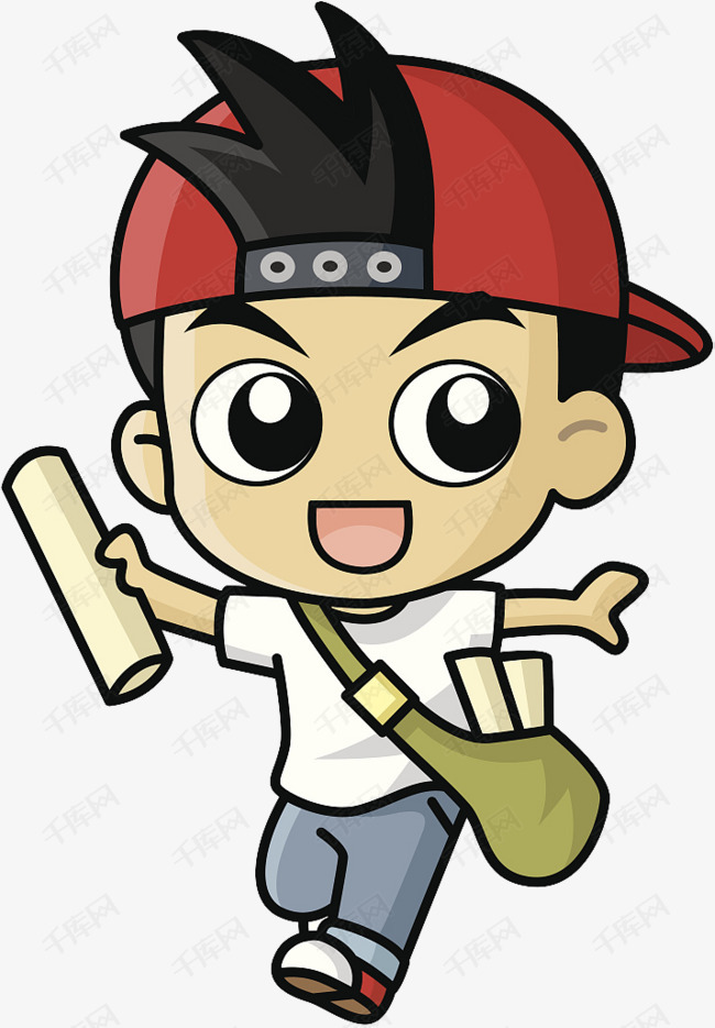 卡通人物背书包戴棒球帽跑的男孩