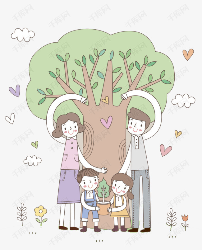 相爱一家人的素材免抠大树爱心白云云朵一家人卡通