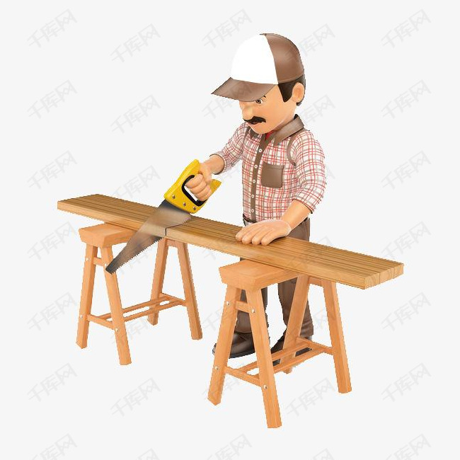 装修木工师傅锯木板的素材免抠3d人物可爱装修木工师傅锯木板卡通人物