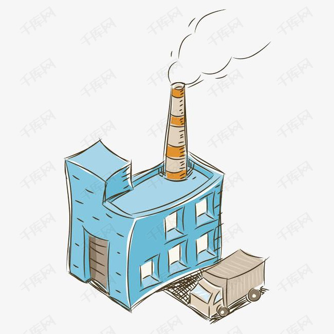 手绘蓝色工厂免抠图的素材免抠卡通货车蓝色的插图烟囱冒烟