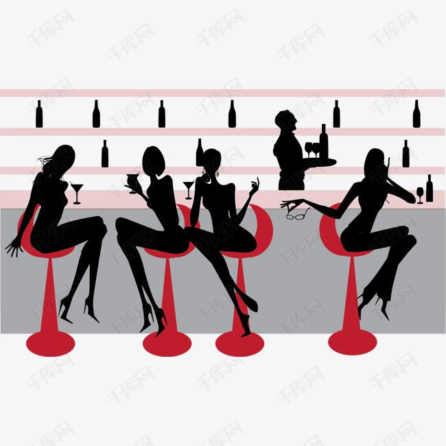 坐在酒吧吧台喝酒的女人们剪影