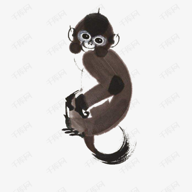 一只微笑的可爱猴子水墨画插画免抠素材图片免费下载