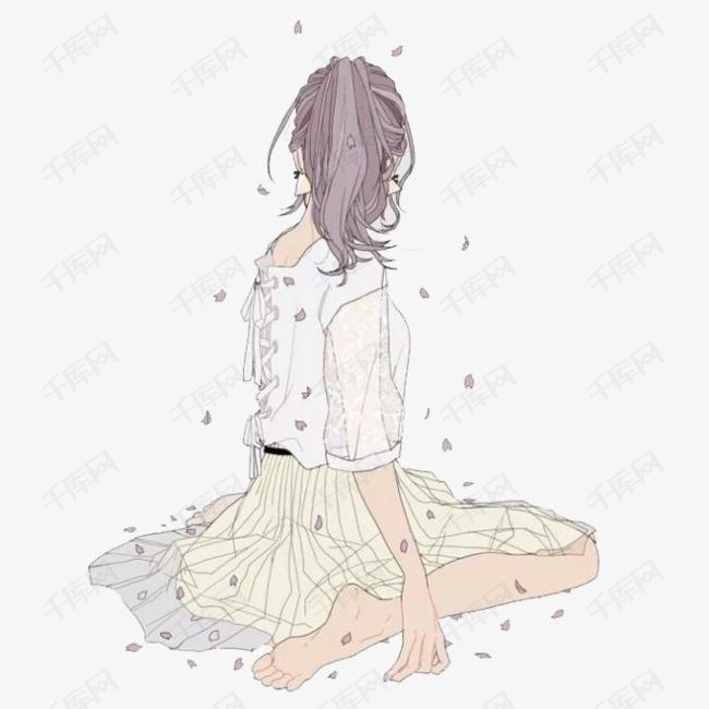 卡通女孩的素材免抠女孩背影坐着马尾水彩卡通