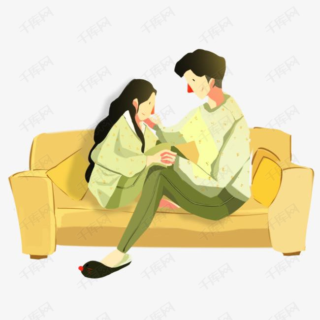 手绘插画情侣插图坐在沙发的男孩女孩