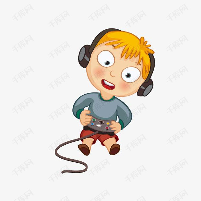 卡通手绘戴耳机玩游戏机男孩