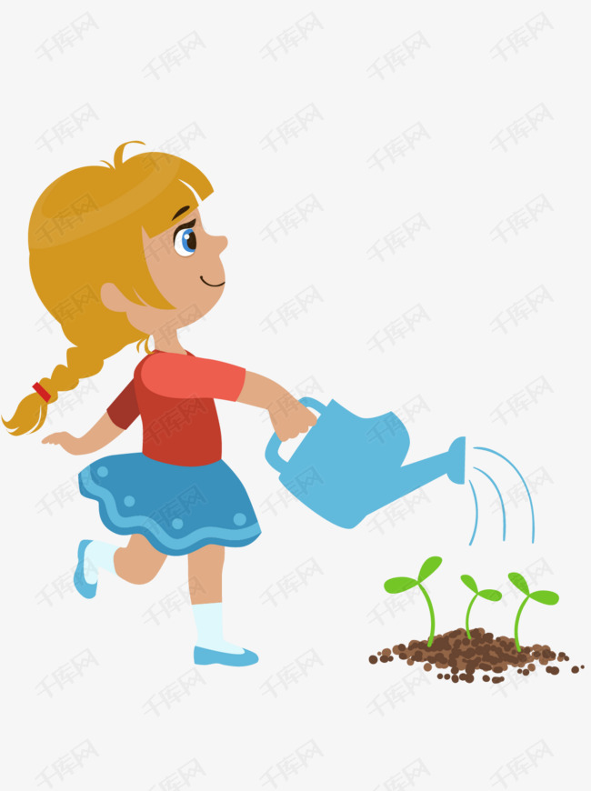 卡通手绘小女孩浇树施肥矢量图