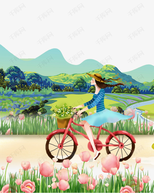 免抠卡通手绘春季骑车看风景的女孩
