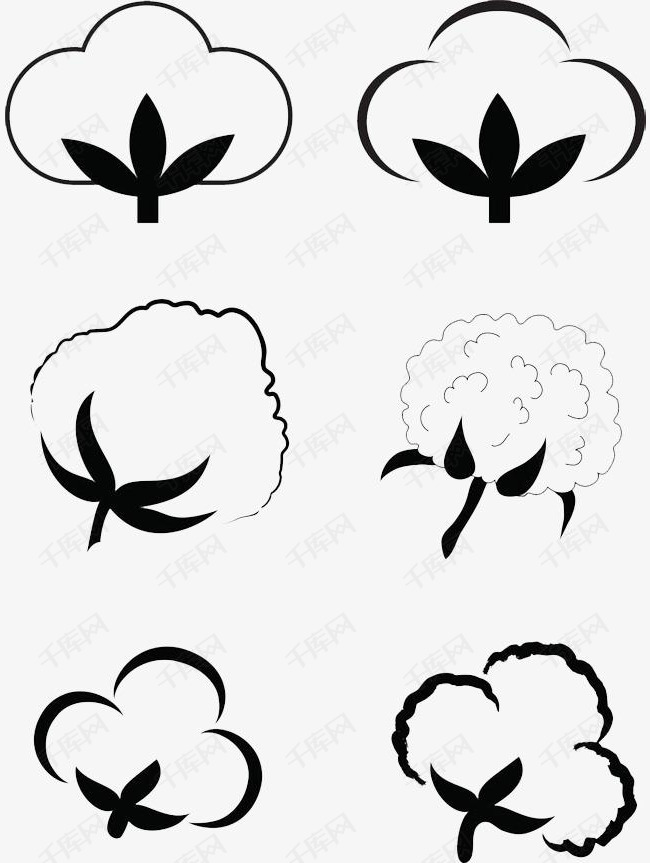 手绘简单黑白棉花枝