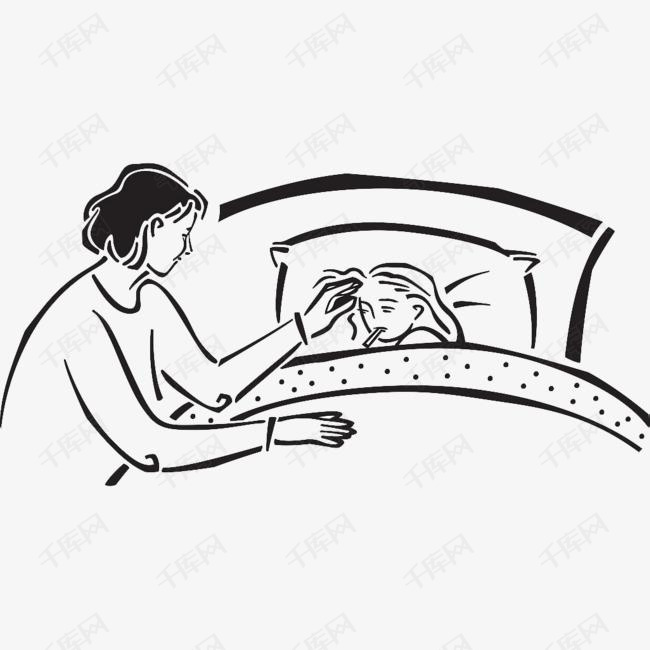 黑白插图宝宝生病发烧妈妈照顾