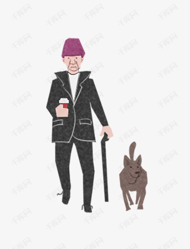 卡通手绘插画老人与狗
