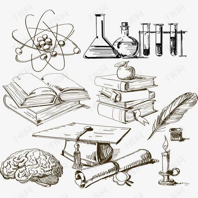 科技线条科学实验元素免抠的素材免抠手绘科学实验设计大脑试管书籍