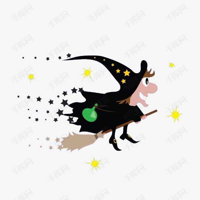 卡通骑着魔法扫帚的女巫