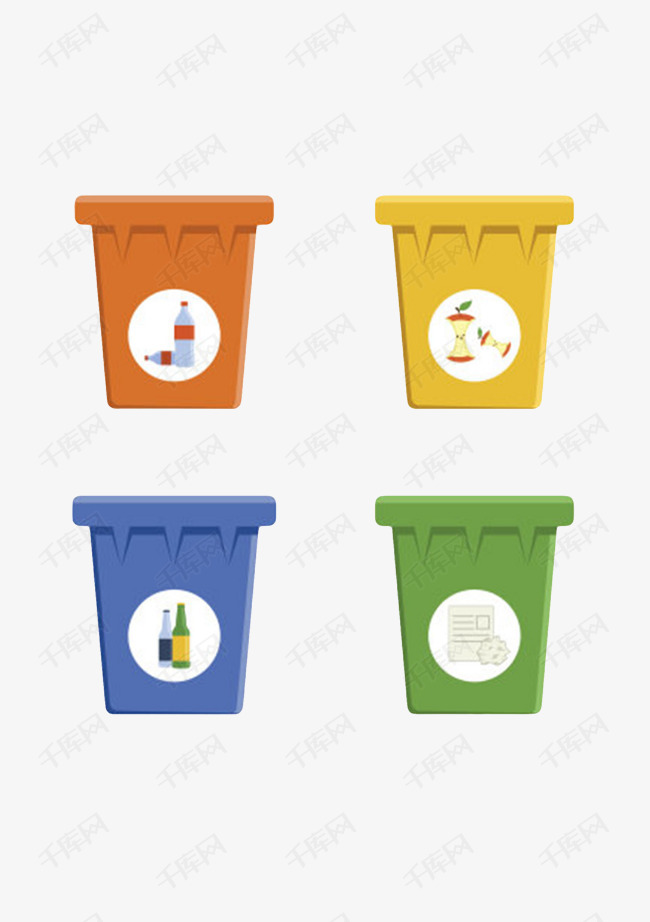 彩色简约保护环境可回收标志的垃圾桶卡通