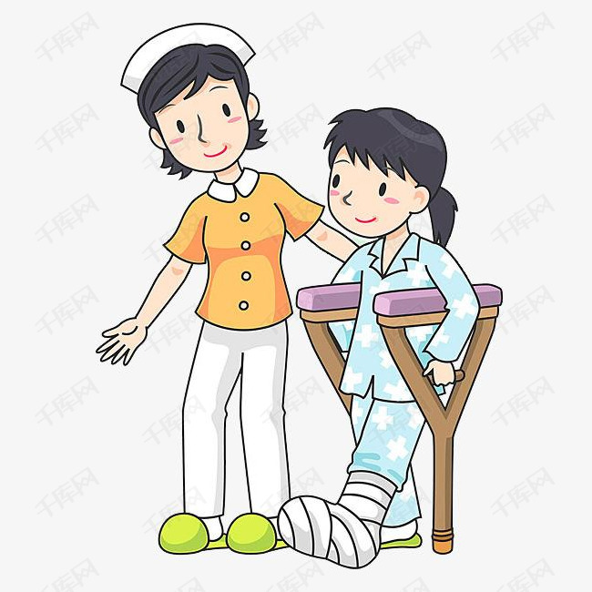 受伤的女孩的素材免抠卡通简笔受伤的小女孩拐棍护士