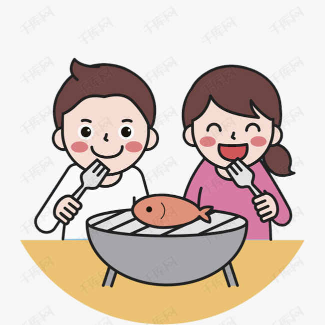吃鱼的小孩的素材免抠小孩子高兴地吃鱼叉子可爱的卡通