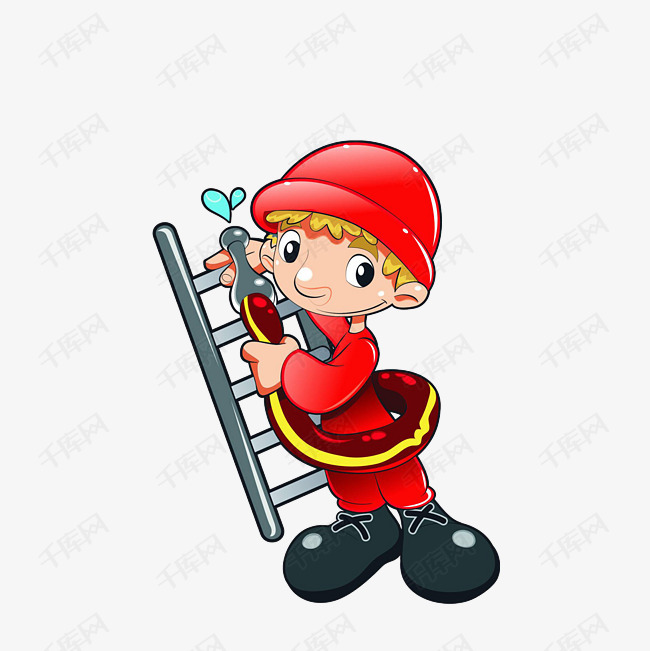 卡通可敬的消防员素材的素材免抠卡通成人卡通消防员消防梯子消防水管