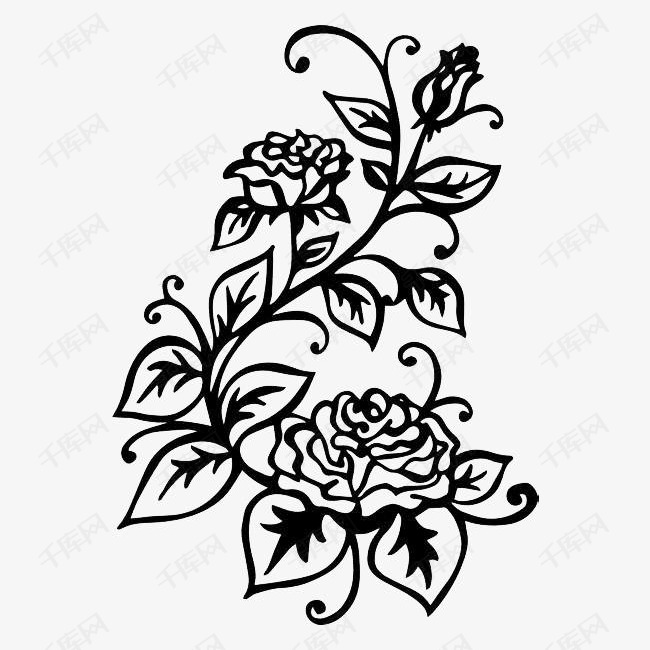 手绘花卉线条的素材免抠白描黑色手绘花卉线描花矢量图植物线条手绘