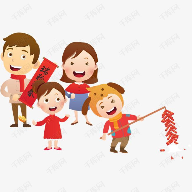 幸福的一家人一起放鞭炮