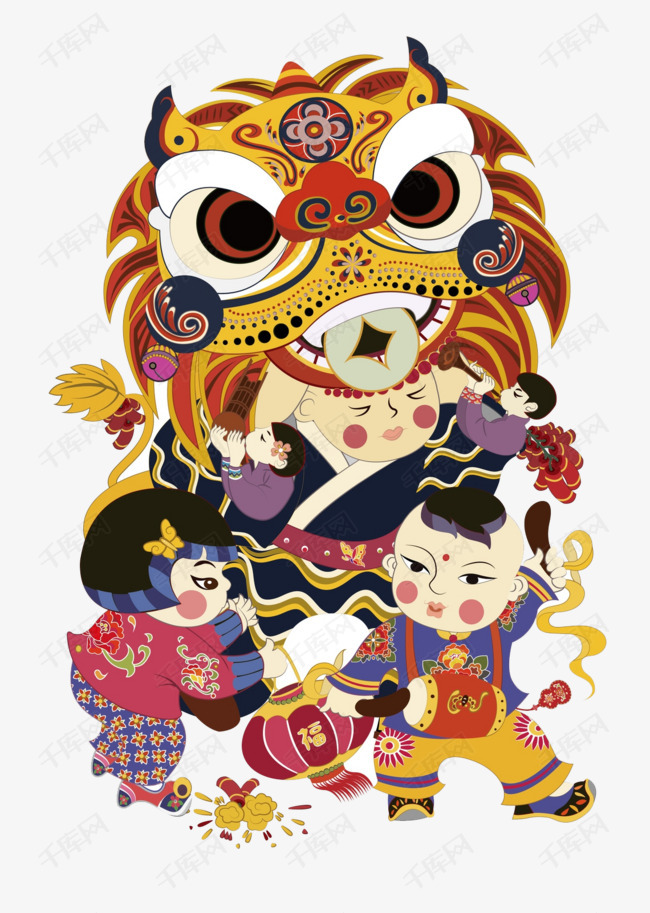 中国风过年新年插画的素材免抠新年舞狮子小朋友装饰图免抠图装饰画