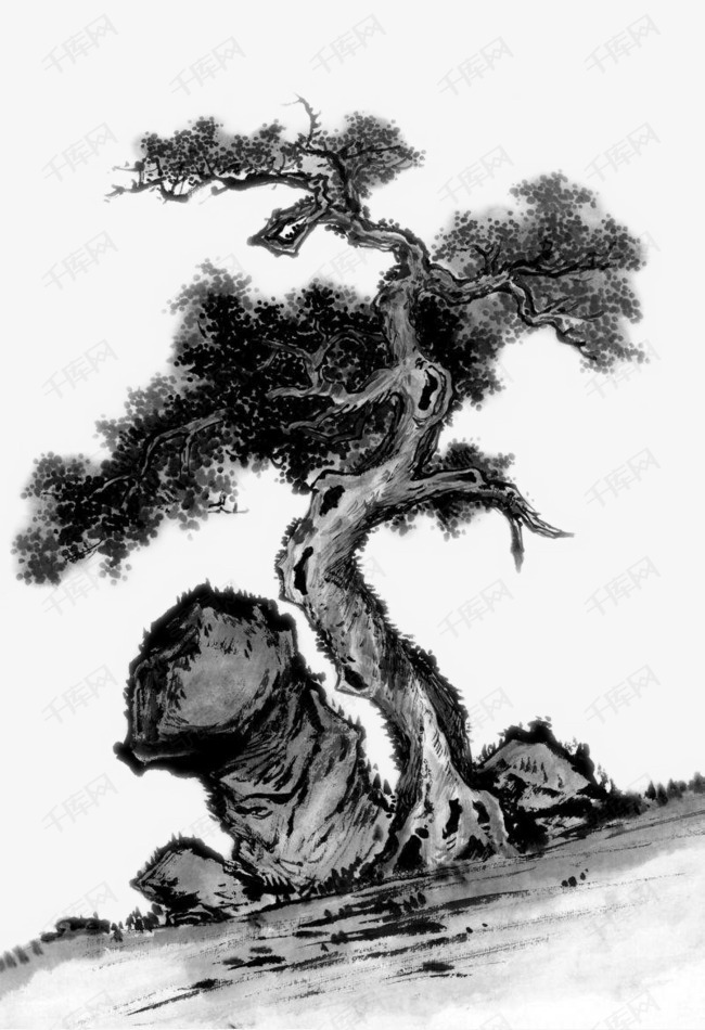 黑色水墨松树的素材免抠迎客松水墨松松树黑色松树手绘松树水墨迎客松