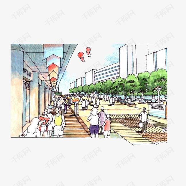 手绘商业街局部休闲场景图案